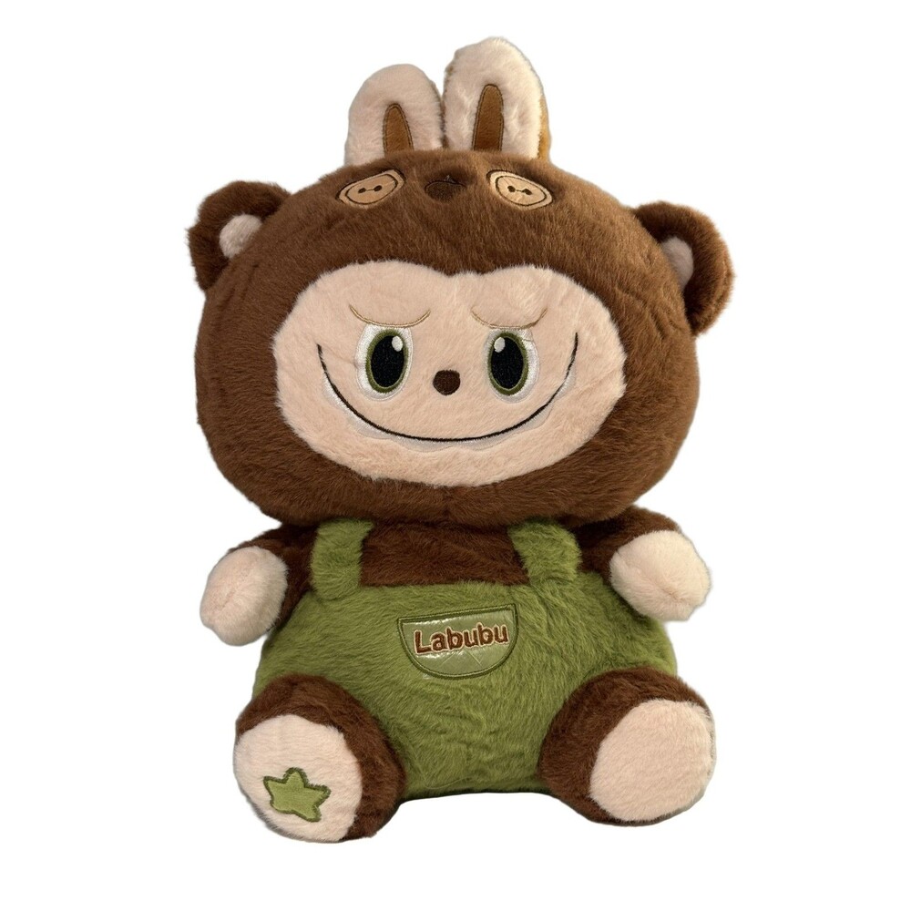 Pop Mart Labubu Plush Toy 12" Brown Beige Green Overalls Embroidered